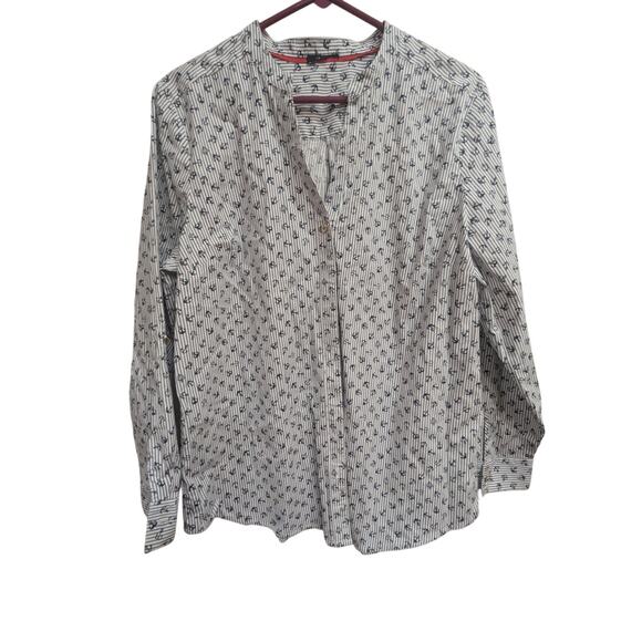 Women's vertical pinstripe w/anchor print cotton button up Henley neckline top - Picture 1 of 13